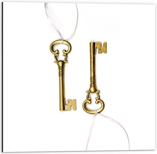 Dibond - Gouden Sleutels met Lintje - 50x50cm Foto op Aluminium (Wanddecoratie van metaal)
