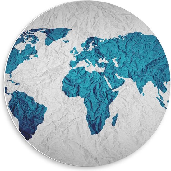 Forex Wandcirkel - Blauwe Wereld op Witte Kaart - 50x50cm Foto op Wandcirkel (met ophangsysteem)