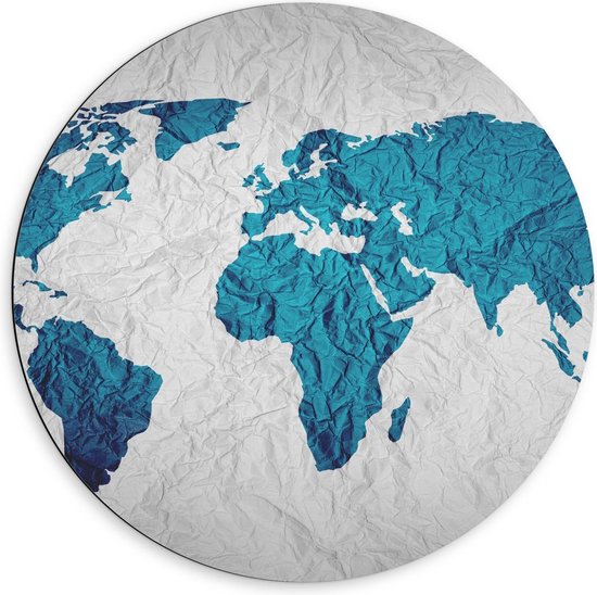Dibond Wandcirkel - Blauwe Wereld op Witte Kaart - 60x60cm Foto op Aluminium Wandcirkel (met ophangsysteem)