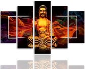 Schilderij , Boeddha in vlammen, Geel rood zwart , 4 maten , 5 luik , wanddecoratie , Premium print , XXL