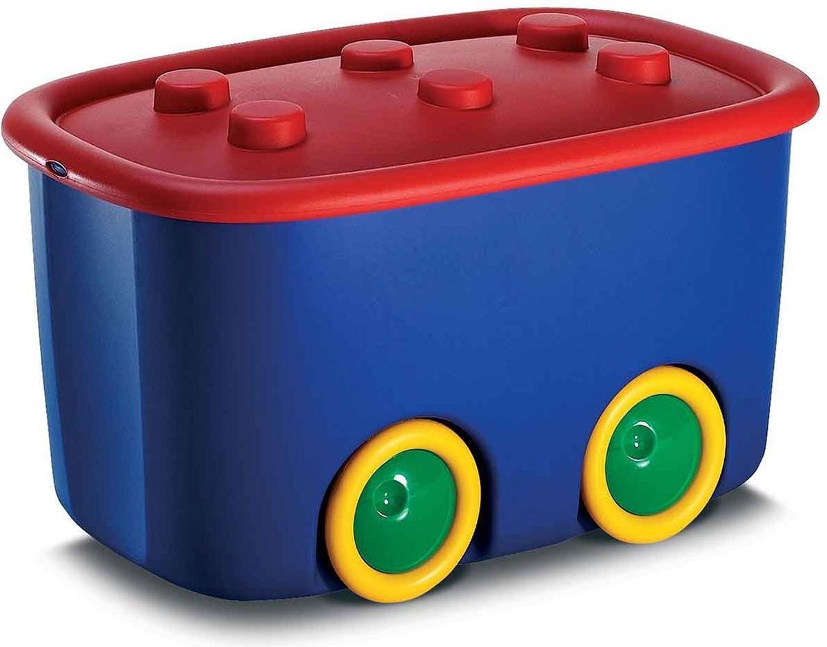 Doos met deksel en wielen Funny Box L KIS 58x39x32cm, 46l blauw, rood deksel