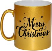 Cadeau kerstmok Merry Christmas met sterren - 330 ml - goudkleurig - keramiek - koffiemok / theebeker - kerstcadeau / kerstpakket