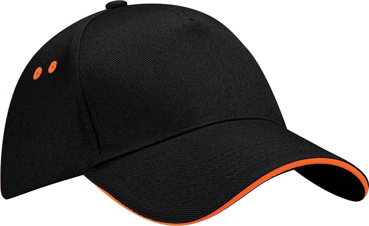 Beechfield Unisex Ultimate 5 Panel Contrast Baseball Cap met Sandwich Peak / Hoofddeksel (Pakket van 2) (Zwart/Oranje)