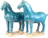 Fine Asianliving Chinese Horse Dynasty Tang Dynasty Terracotta Ceramic Handgemaakt Blauw Set/ 2