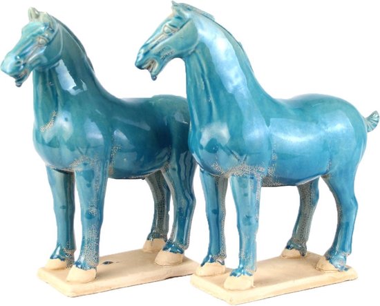 Fine Asianliving Chinees Paard Tang-Dynastie Terracotta Aardewerk Handgemaakte Blauwe set/2 B8xD14xH26cm