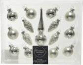 Zilveren glazen kerstballen 3 cm en piek set voor mini kerstboom 15-dlg - Kerstversiering/kerstboomversiering zilver