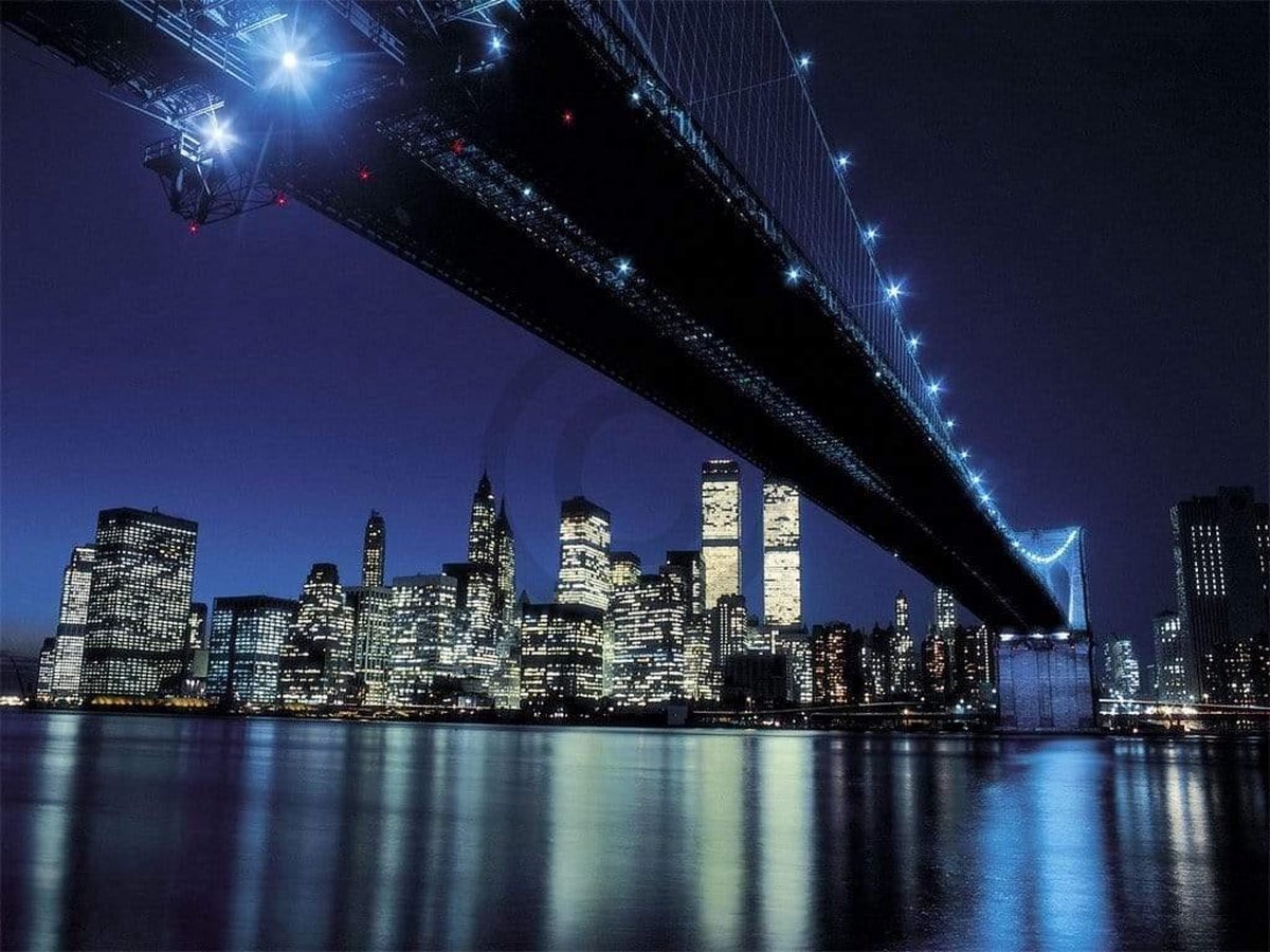 PGM Kunstdruk Henri Silberman - Brooklyn Bridge at Night 80x60cm Divers