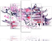 Schilderij , Japans huis , zwart wit roze ,4 maten , 5 luik , wanddecoratie , Premium print , XXL