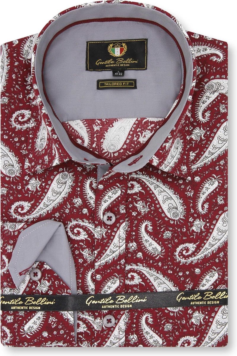 Heren Overhemd - Slim Fit - Paisley Shirt - Rood - Maat S