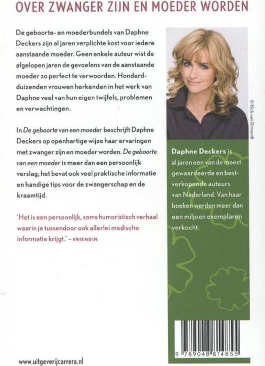 Daphne Deckers met blond haar, glimlachend naar de camera, op de achterkant van haar boek.