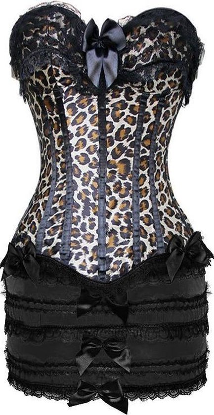 Overbust corset met panterprint en kanten jurkje - S