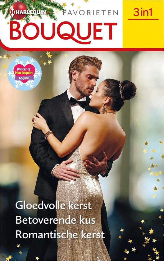 Een man in smoking danst met een vrouw in een glinsterende gouden jurk. Tekst: 'Gloedvolle kerst, Betoverende kus, Romantische kerst'.