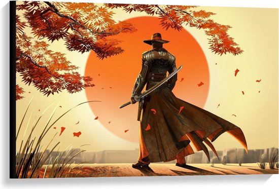 Canvas - Getekende Samurai bij Zonsondergang - Foto op Canvas Schilderij (Wanddecoratie op Canvas)