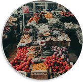 Forex Wandcirkel - Marktkraam Groente/Fruit - 30x30cm Foto op Wandcirkel (met ophangsysteem)