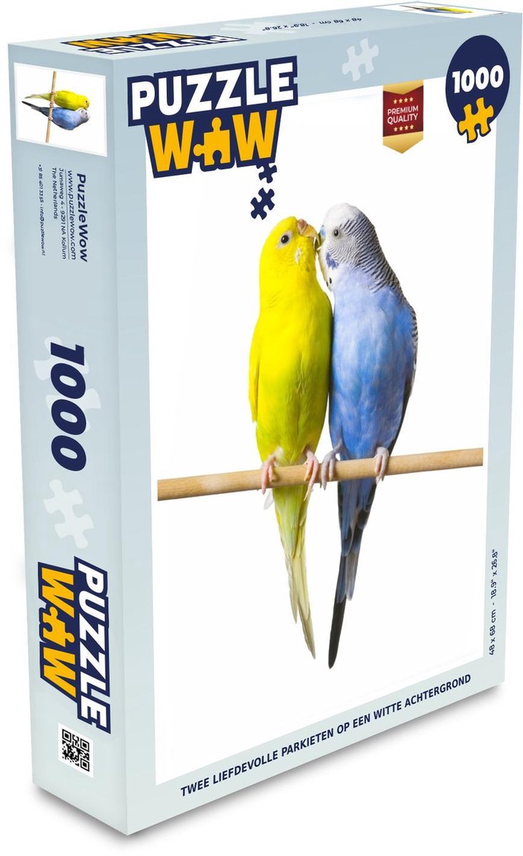 Afbeelding van product Puzzel 1000 stukjes volwassenen Parkieten op witte achtergrond 1000 stukjes - Twee liefdevolle parkieten op een witte achtergrond - PuzzleWow heeft +100000 puzzels