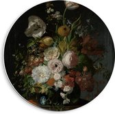 Forex Wandcirkel - Oude meesters - Stilleven: bloemen in een glazen vaas, Rachel Ruysch - 40x40cm Foto op Wandcirkel (met ophangsysteem)