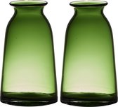 Set van 2x stuks transparante home-basics groene vaas/vazen van glas 23.5 x 12.5 cm - Bloemen/takken/boeketten vaas voor binnen gebruik