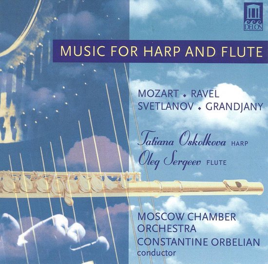 CD hoes met de titel 'MUSIC FOR HARP AND FLUTE'. Een dwarsfluit in goudkleur is op de voorgrond te zien.