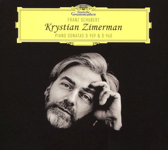 Albumhoes met een portret van Krystian Zimerman, 'Franz Schubert: Piano Sonatas D 959 & D 960'.