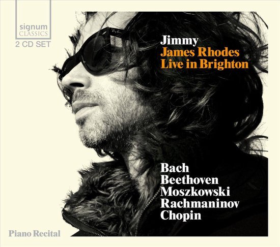 Jimmy James Rhodes, 'Live in Brighton' albumhoes met close-up van Jimmy Rhodes met zonnebril.