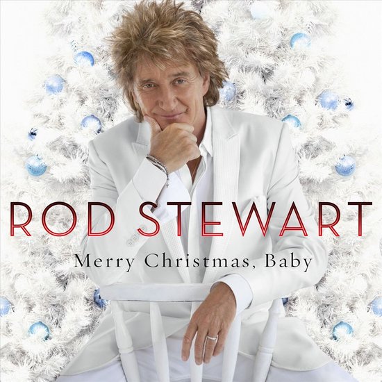 Rod Stewart in wit pak voor een witte kerstboom met blauwe ballen, albumhoes Merry Christmas, Baby.