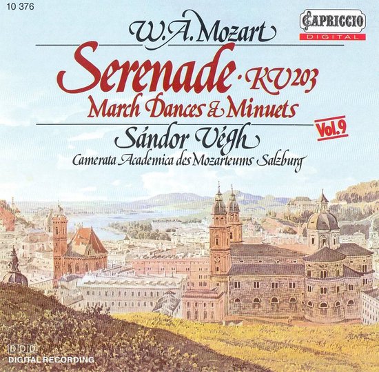 Cd-hoes met Mozart's Serenade K. 203, Maart Dansen & Menuetten, Vol. 9, door Sándor Végh en Camerata Academica des Mozarteums Salzburg.