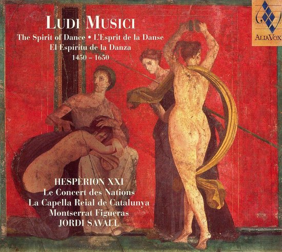 Albumhoes met schilderij van dansende figuren in rode tinten. Titel: Ludi Musici.