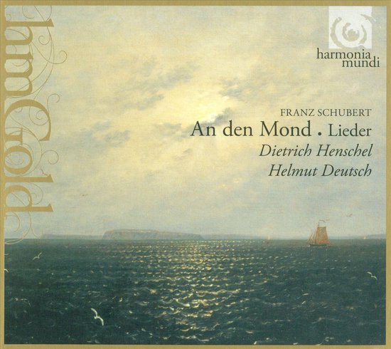 Albumhoes met zeegezicht, schilderij van een eiland, een zeilboot en vogels onder een zonnige hemel. Tekst: Franz Schubert, An den Mond, Lieder.
