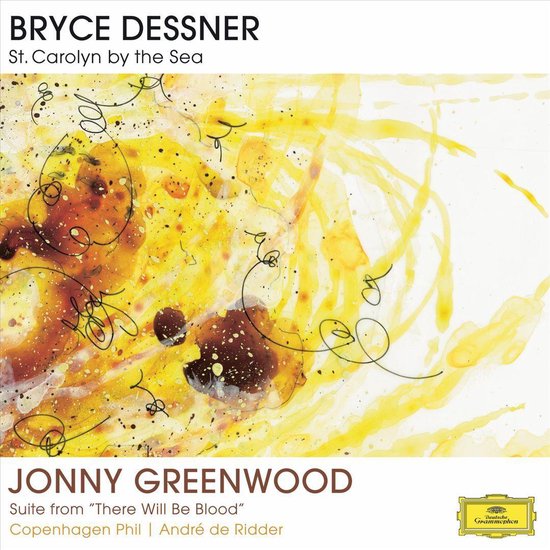 Boek met abstracte verfspatten in geel en bruin, met zwarte lijnen. Titels: Bryce Dessner St. Carolyn by the Sea, Jonny Greenwood Suite from 'There Will Be Blood', Copenhagen Phil, André de Ridder.