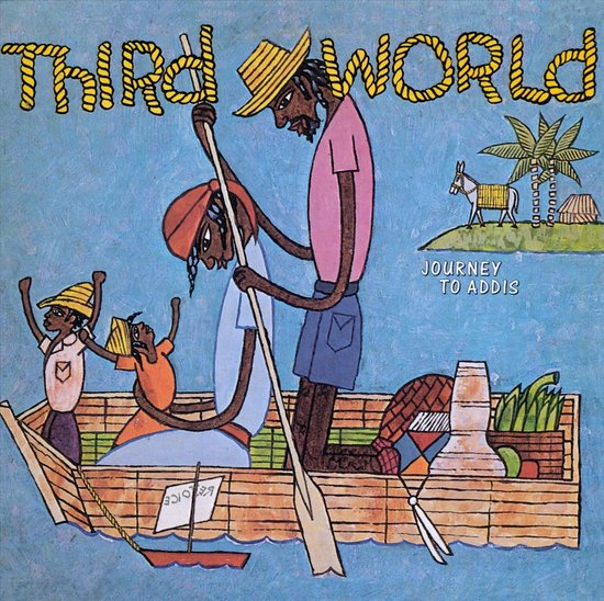 Albumhoes met de titel 'Third World Journey To Addis'. Illustratie van een boot met vier personen.