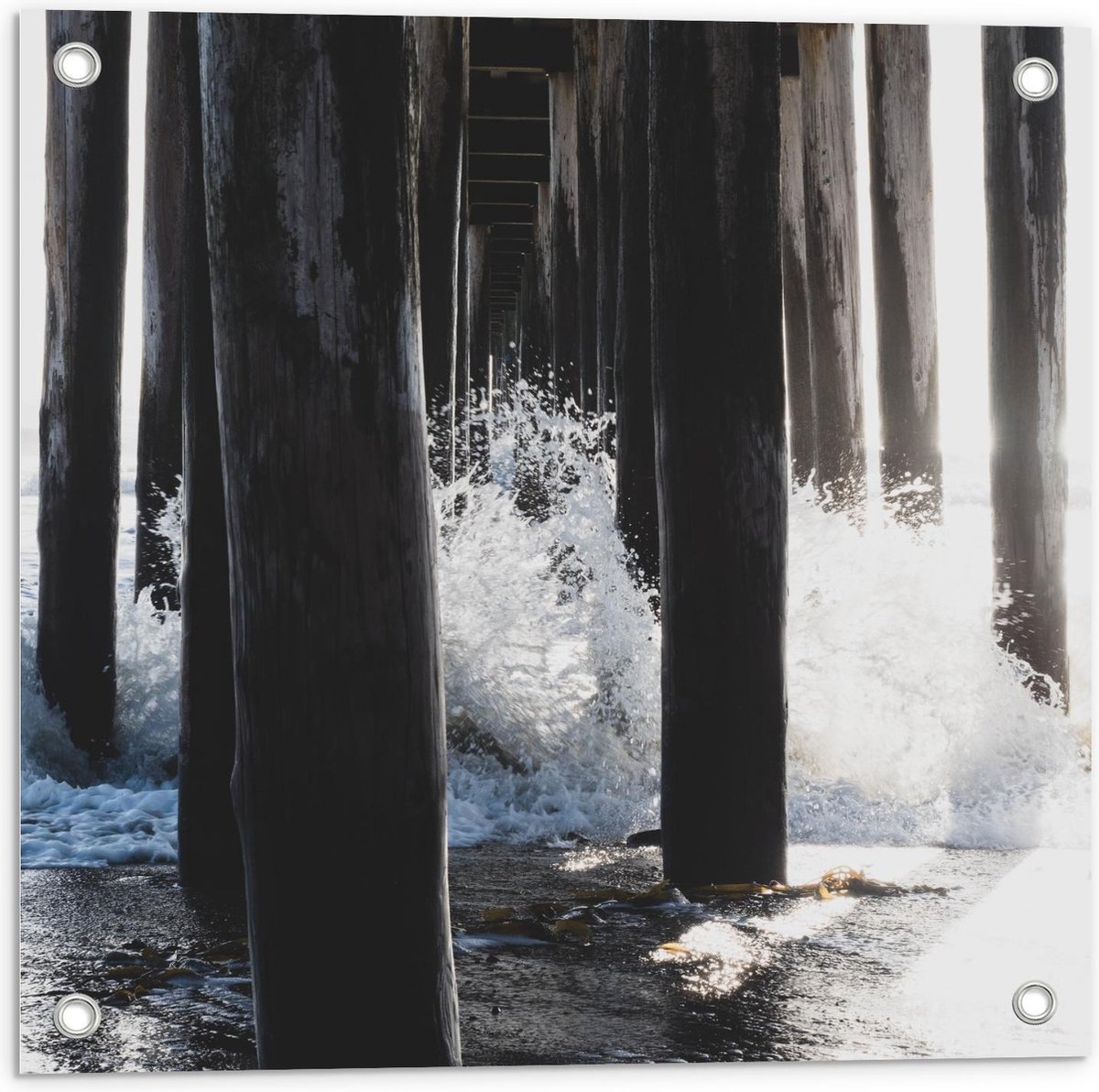 Tuinposter – Palen van een Pier in het Water - 50x50cm Foto op Tuinposter (wanddecoratie v