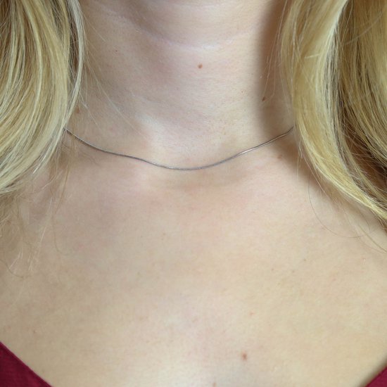 Zilverkleurige slangenketting gedragen door een vrouw