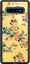 Samsung S10 Plus hoesje glass - Bloemen geel flowers | Samsung Galaxy S10+ case | Hardcase backcover zwart
