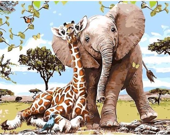Painting Expert® Schilderen op nummer Volwassenen - Schilderen op nummer Kinderen - Olifant en Giraffe - 40x50cm - Exclusief Lijst (24 kleurtjes)