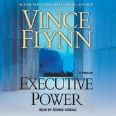 Boekcover van 'Executive Power' door Vince Flynn. Titel en auteur in gouden letters op een blauwe achtergrond met pilaren.