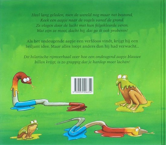 Achterkant van een boek met illustraties van een worm en twee kikkers.