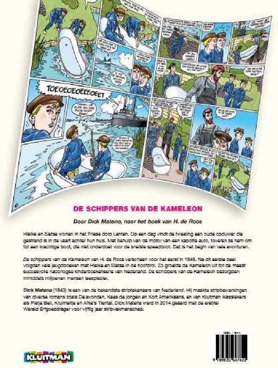 Achterkant van het boek 'De Schippers van de Kameleon' met stripverhalen en tekst.