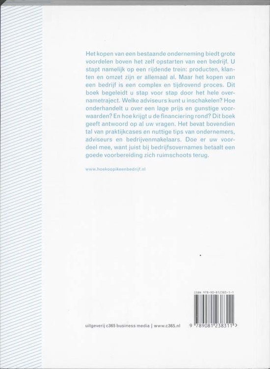 Achterkant van het boek 'Het kopen van een bestaande onderneming'. Met ISBN en tekst.