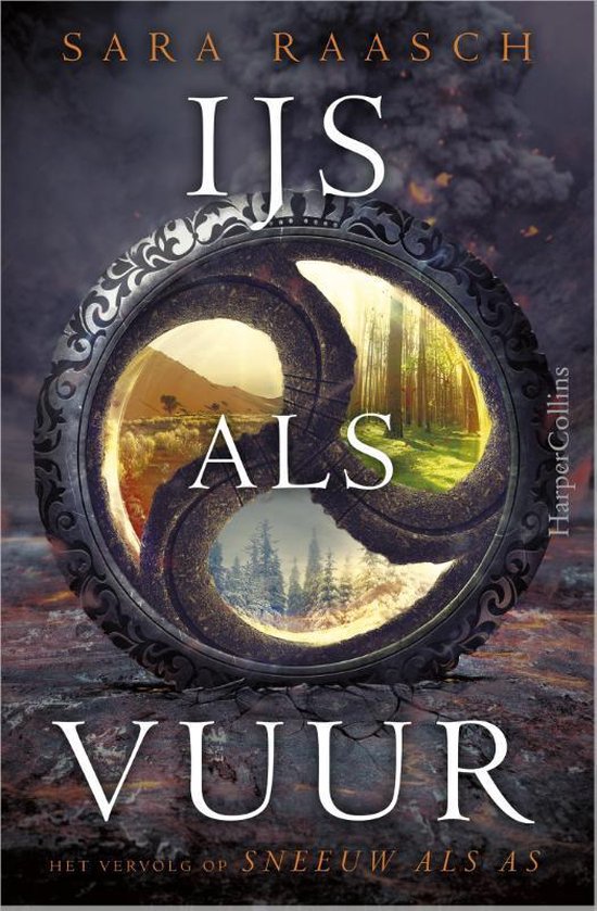 Boekcover 'IJs als Vuur' van Sara Raasch, met een wiel met bossen en bergen.