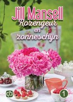 Boek met de titel 'Rozengeur en zonneschijn' van Jill Mansell, met roze pioenrozen in een vaas, gebakjes en fruit op een tafel.