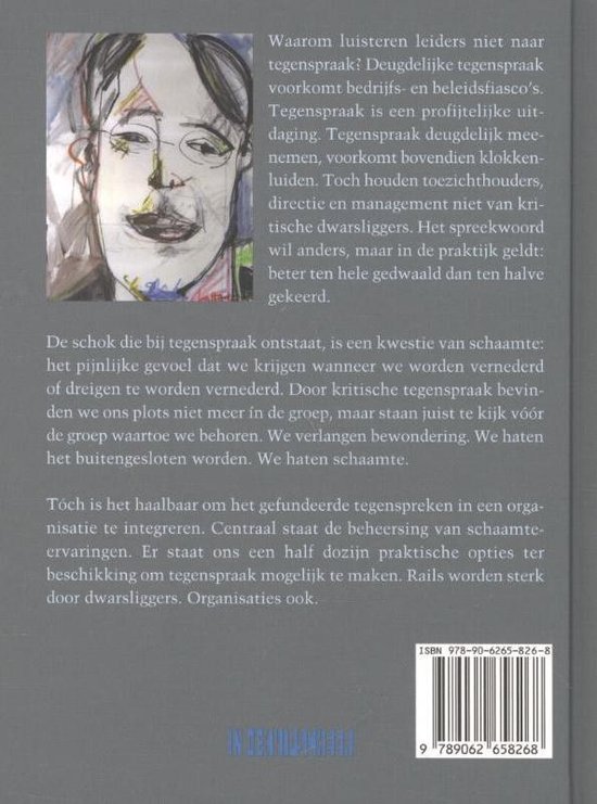 Achterkant boek "Dwarsliggers" met tekst en een schets van een hoofd.