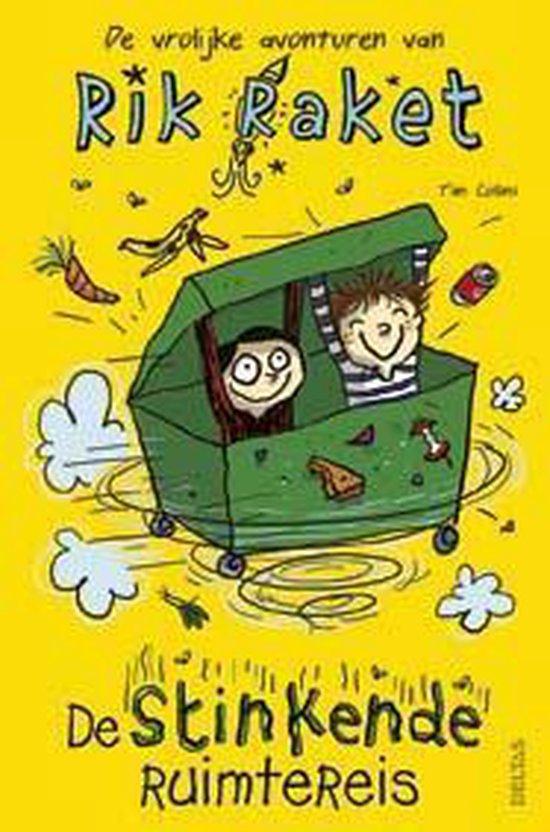 Couverture joyeuse avec deux garçons dans une poubelle verte à roulettes, entourés de nuages et d'une carotte.