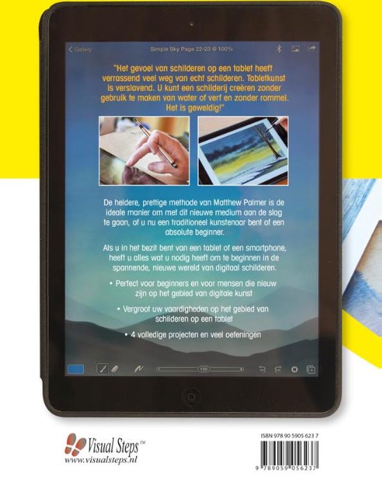 Achterkant van een tablet met tekst over "Schilderen op een tablet", met afbeeldingen van handen en schilderijen.