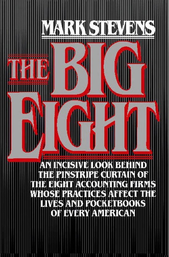 Boek "The Big Eight" van Mark Stevens met rode en grijze letters op een zwart gestreept oppervlak.