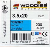 Woodies schroeven 3.5x20 verzinkt PZD 2 deeldraad 200 stuks