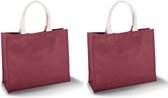 Set van 2x stuks jute rode strandtassen/boodschappentassen 42 x 36 cm - Opberg tassen