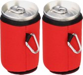 2x Stuks blikjes koeler / koelhoud hoesjes / bierblik hoesjes met karabijnhaak - rood - Frisdrank/bier blikjes koel houden