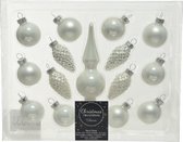 Winter witte glazen kerstballen en piek set voor mini kerstboom 15-dlg - Kerstversiering/kerstboomversiering winter wit