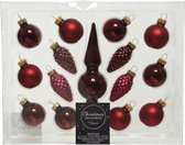 Donkerrode glazen kerstballen en piek set voor mini kerstboom 15-dlg - Kerstversiering/kerstboomversiering donkerrood