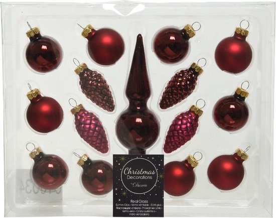 Donkerrode glazen kerstballen 3 cm en piek set voor mini kerstboom 15-dlg - Kerstversiering/kerstboomversiering donkerrood